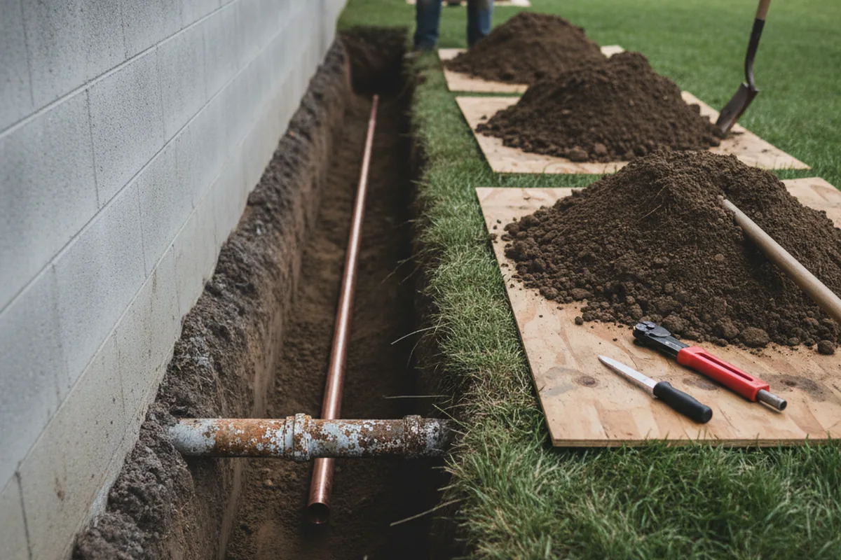 Excavated water line trench during Water Heater Repair in Princeton Junction